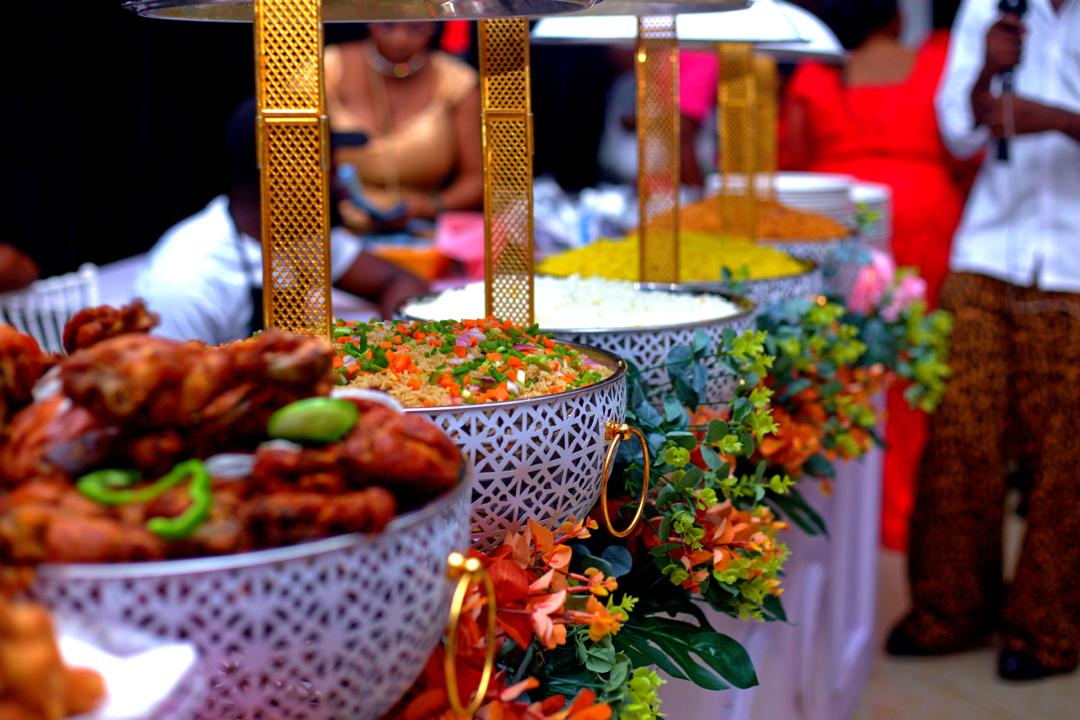 Elegant event buffet with floral accents